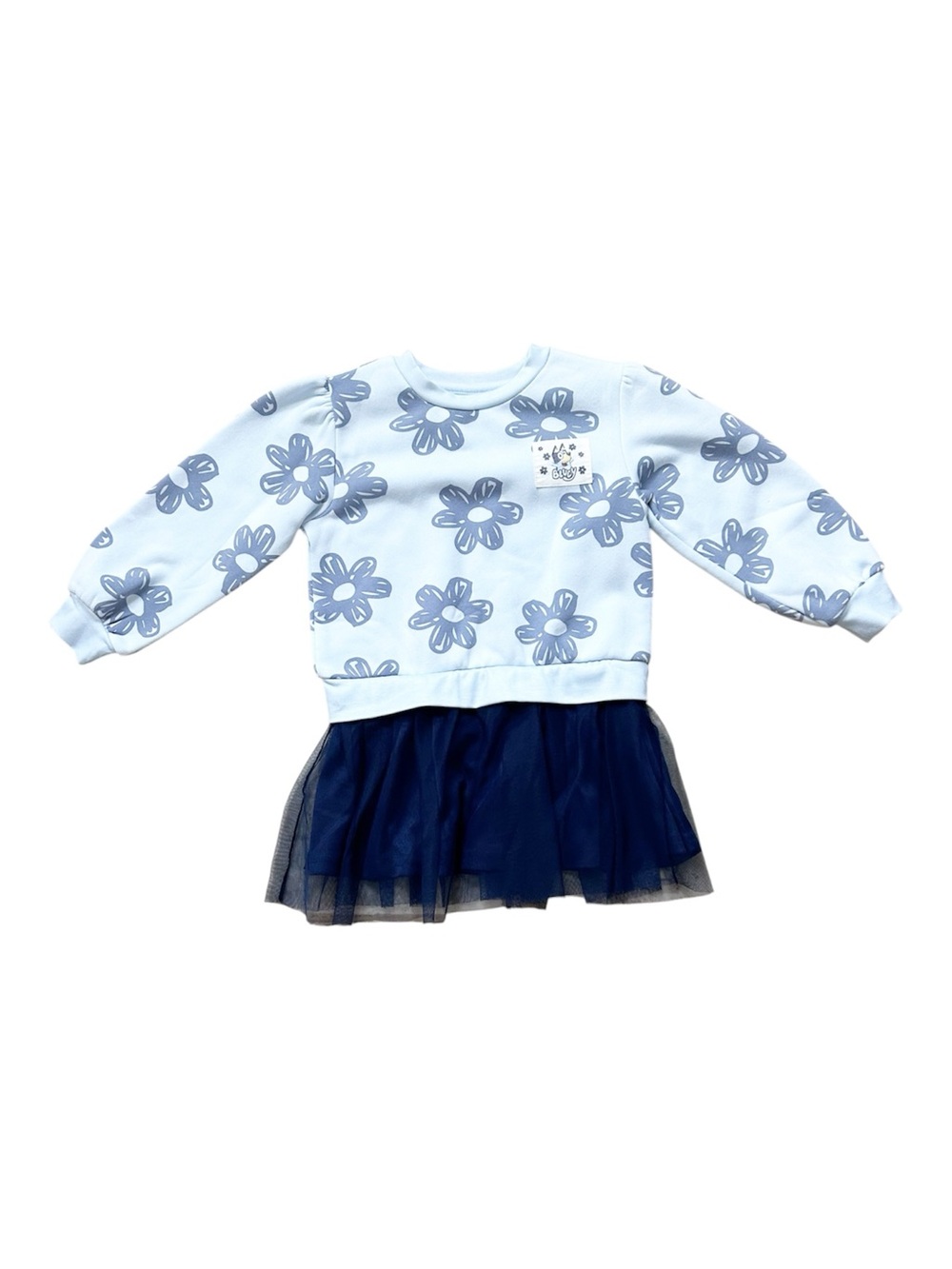 Bluey Light Blue Floral Sweatshirt Dress with Navy Tulle Skirt Size 3T